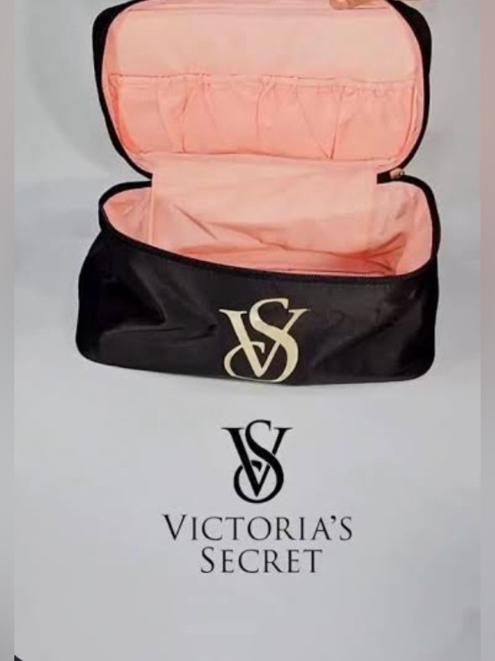 Victoria's Secret Black Bra Travel Case Organizer Pink Interior and Gold VS Logo